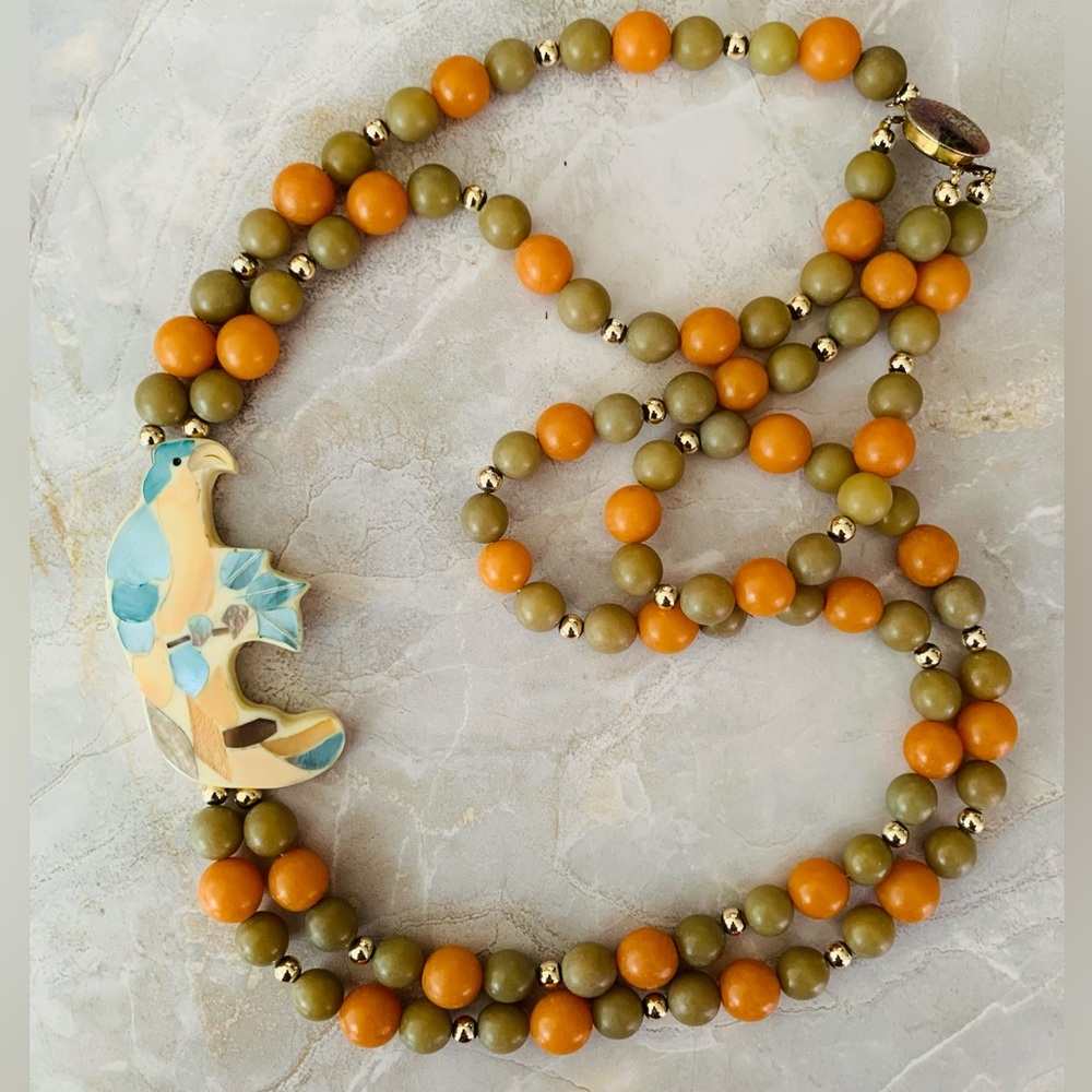 Lee Sands Mother of Pearl Inlay Bird Pendant Orange and Beige Beaded Necklace